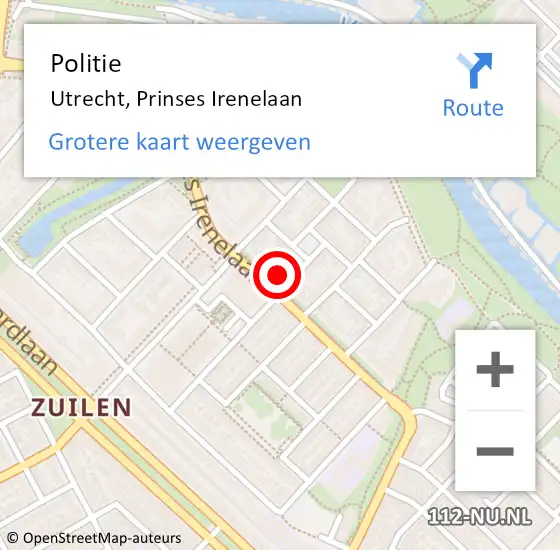 Locatie op kaart van de 112 melding: Politie Utrecht, Prinses Irenelaan op 17 september 2024 08:11