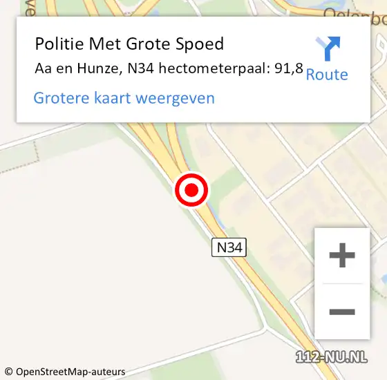 Locatie op kaart van de 112 melding: Politie Met Grote Spoed Naar Aa en Hunze, N34 hectometerpaal: 91,8 op 17 september 2024 08:51