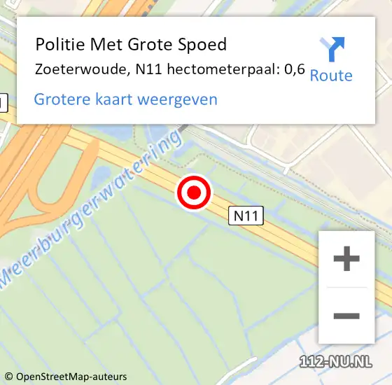 Locatie op kaart van de 112 melding: Politie Met Grote Spoed Naar Zoeterwoude, N11 hectometerpaal: 0,6 op 17 september 2024 09:03