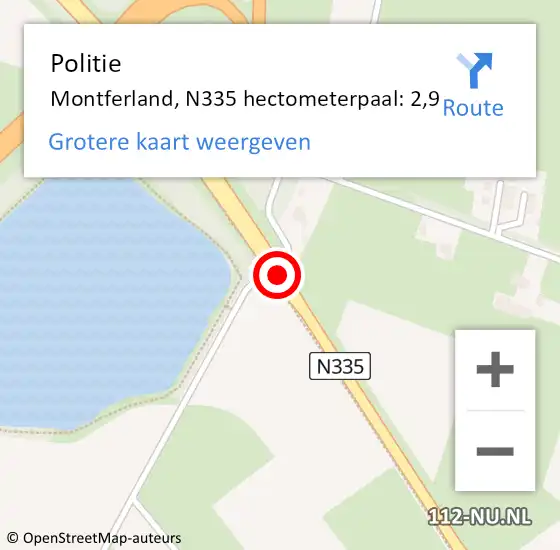 Locatie op kaart van de 112 melding: Politie Montferland, N335 hectometerpaal: 2,9 op 17 september 2024 09:39