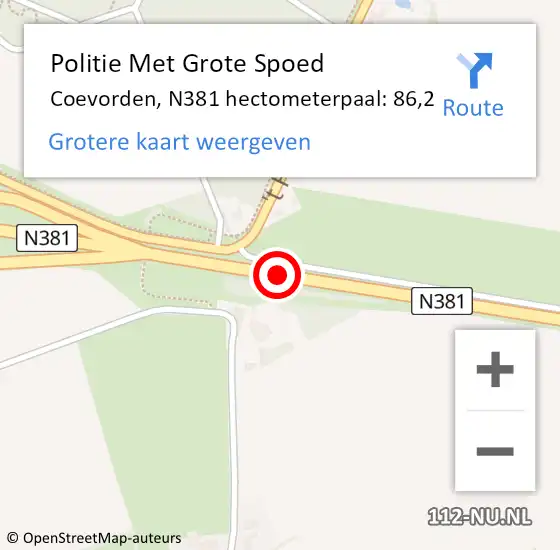 Locatie op kaart van de 112 melding: Politie Met Grote Spoed Naar Coevorden, N381 hectometerpaal: 86,2 op 17 september 2024 10:18