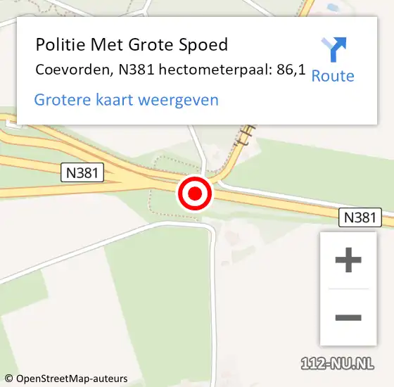 Locatie op kaart van de 112 melding: Politie Met Grote Spoed Naar Coevorden, N381 hectometerpaal: 86,1 op 17 september 2024 10:22