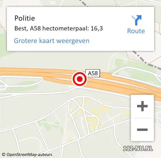 Locatie op kaart van de 112 melding: Politie Best, A58 hectometerpaal: 16,3 op 17 september 2024 11:05