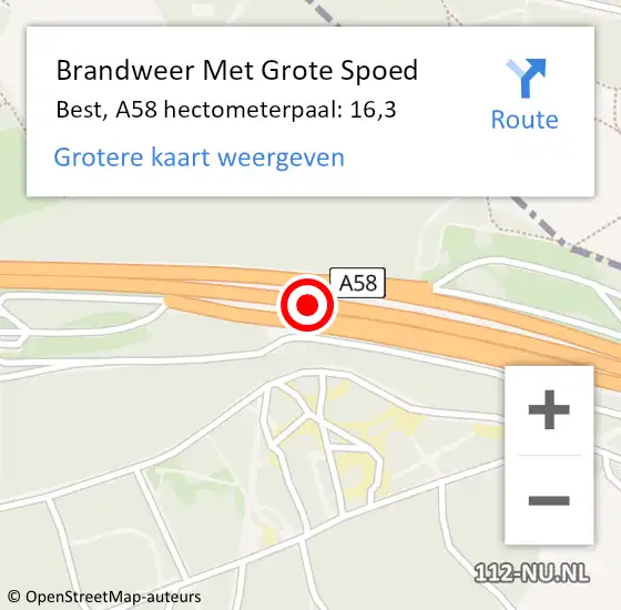 Locatie op kaart van de 112 melding: Brandweer Met Grote Spoed Naar Best, A58 hectometerpaal: 16,3 op 17 september 2024 11:11