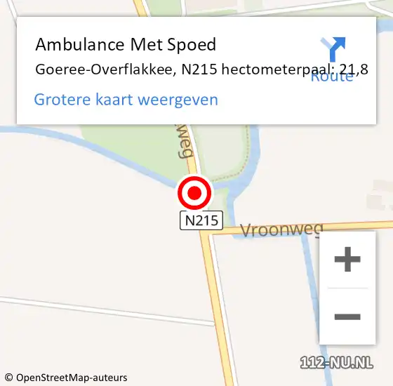 Locatie op kaart van de 112 melding: Ambulance Met Spoed Naar Goeree-Overflakkee, N215 hectometerpaal: 21,8 op 17 september 2024 11:24