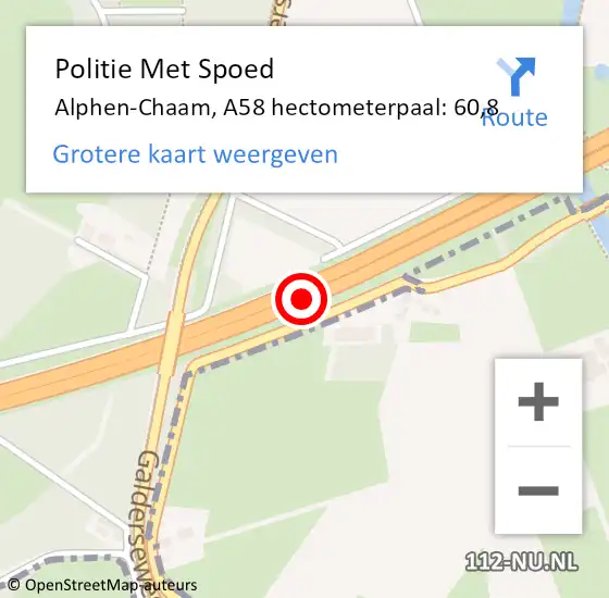 Locatie op kaart van de 112 melding: Politie Met Spoed Naar Alphen-Chaam, A58 hectometerpaal: 60,8 op 17 september 2024 11:51