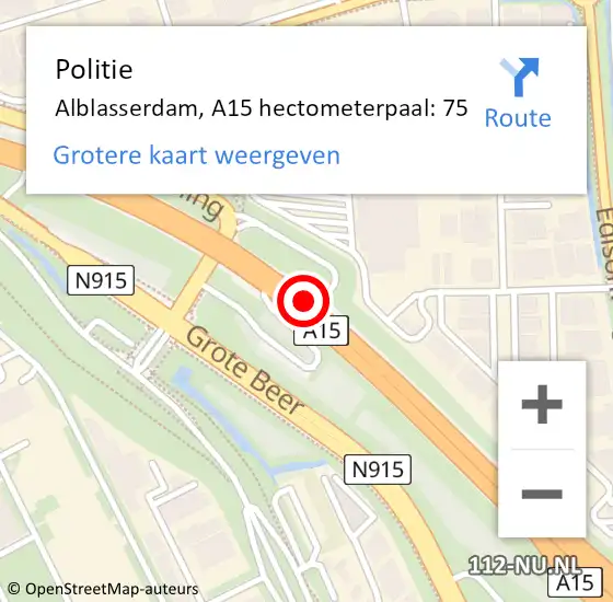 Locatie op kaart van de 112 melding: Politie Alblasserdam, A15 hectometerpaal: 75 op 17 september 2024 15:08