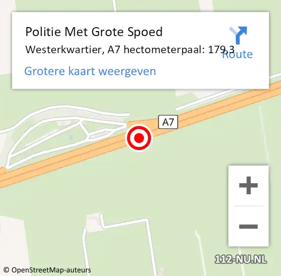 Locatie op kaart van de 112 melding: Politie Met Grote Spoed Naar Westerkwartier, A7 hectometerpaal: 179,3 op 17 september 2024 15:51