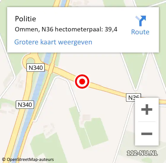 Locatie op kaart van de 112 melding: Politie Ommen, N36 hectometerpaal: 39,4 op 17 september 2024 16:06