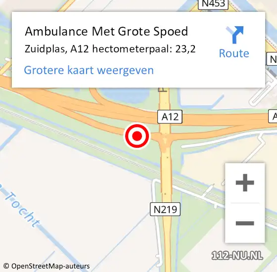 Locatie op kaart van de 112 melding: Ambulance Met Grote Spoed Naar Zuidplas, A12 hectometerpaal: 23,2 op 17 september 2024 16:21