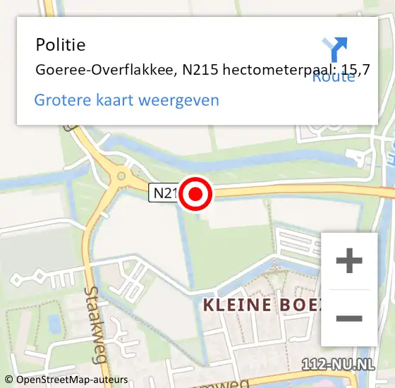 Locatie op kaart van de 112 melding: Politie Goeree-Overflakkee, N215 hectometerpaal: 15,7 op 17 september 2024 16:56