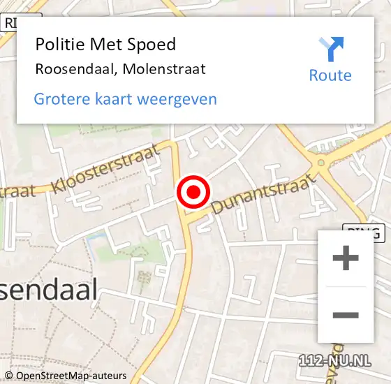 Locatie op kaart van de 112 melding: Politie Met Spoed Naar Roosendaal, Molenstraat op 17 september 2024 17:08