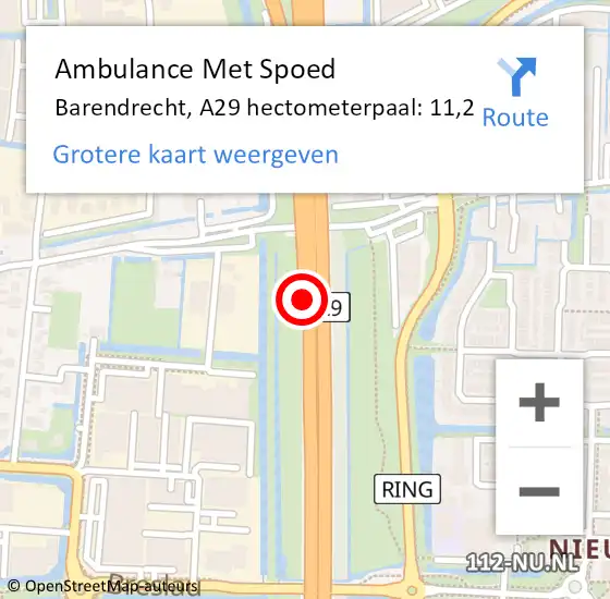 Locatie op kaart van de 112 melding: Ambulance Met Spoed Naar Barendrecht, A29 hectometerpaal: 11,2 op 17 september 2024 17:41