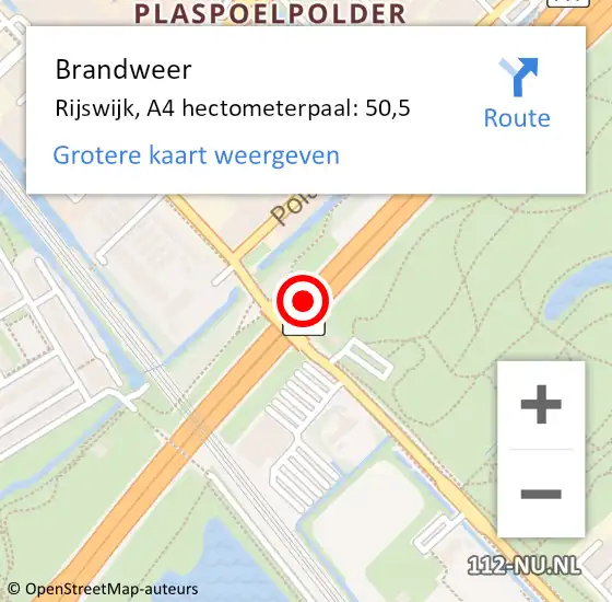 Locatie op kaart van de 112 melding: Brandweer Rijswijk, A4 hectometerpaal: 50,5 op 17 september 2024 17:47