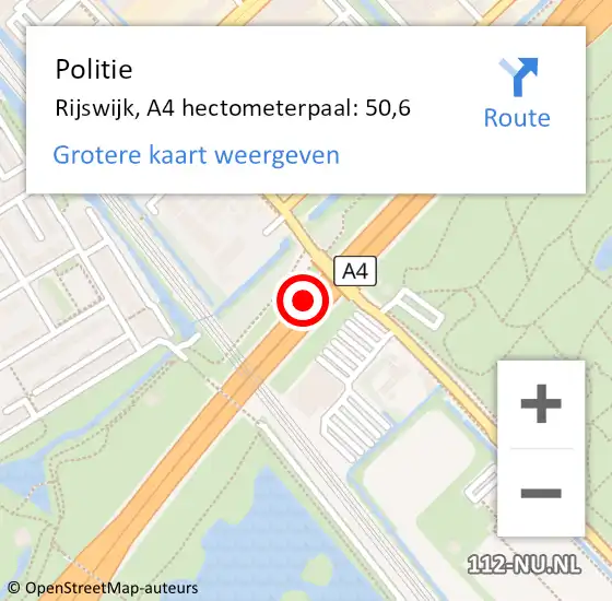 Locatie op kaart van de 112 melding: Politie Rijswijk, A4 hectometerpaal: 50,6 op 17 september 2024 17:50