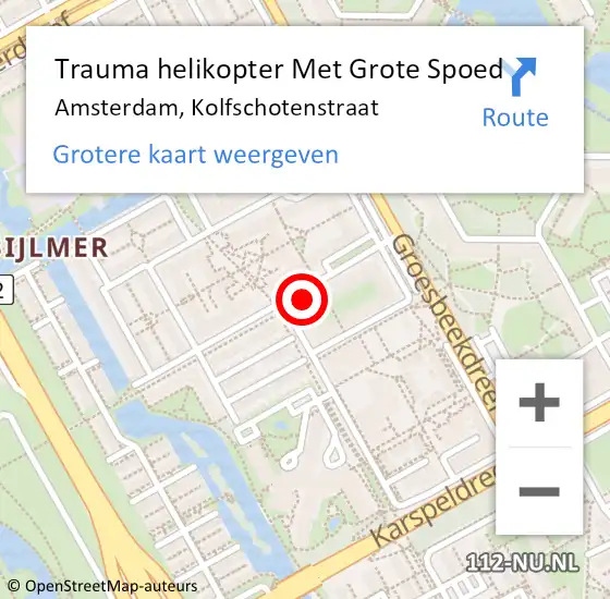 Locatie op kaart van de 112 melding: Trauma helikopter Met Grote Spoed Naar Amsterdam, Kolfschotenstraat op 17 september 2024 19:46