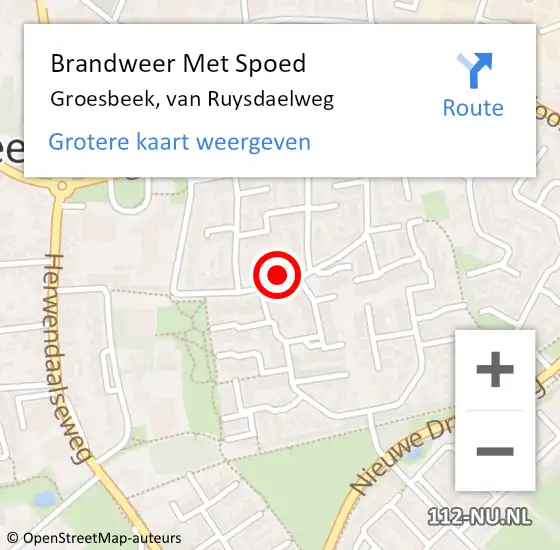 Locatie op kaart van de 112 melding: Brandweer Met Spoed Naar Groesbeek, van Ruysdaelweg op 17 september 2024 20:26