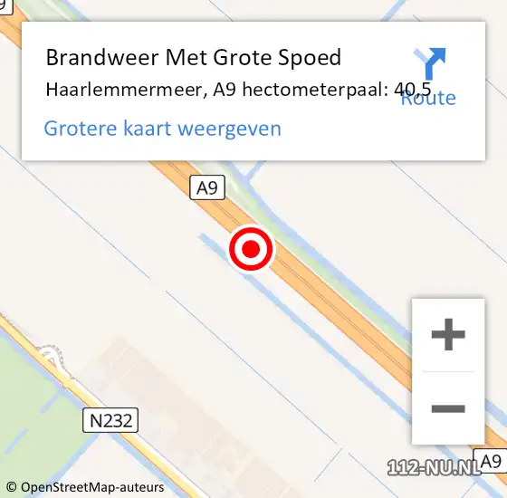 Locatie op kaart van de 112 melding: Brandweer Met Grote Spoed Naar Haarlemmermeer, A9 hectometerpaal: 40,5 op 17 september 2024 21:03