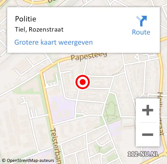 Locatie op kaart van de 112 melding: Politie Tiel, Rozenstraat op 17 september 2024 21:09