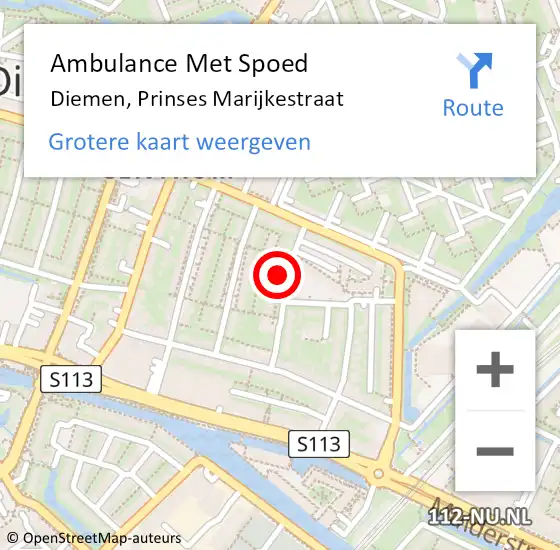 Locatie op kaart van de 112 melding: Ambulance Met Spoed Naar Diemen, Prinses Marijkestraat op 17 september 2024 22:17