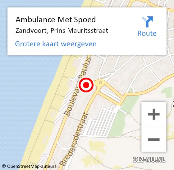 Locatie op kaart van de 112 melding: Ambulance Met Spoed Naar Zandvoort, Prins Mauritsstraat op 18 september 2024 01:09