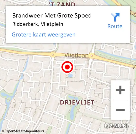 Locatie op kaart van de 112 melding: Brandweer Met Grote Spoed Naar Winkel, Vlietplein op 18 september 2024 05:24