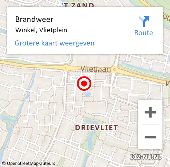 Locatie op kaart van de 112 melding: Brandweer Winkel, Vlietplein op 18 september 2024 05:55