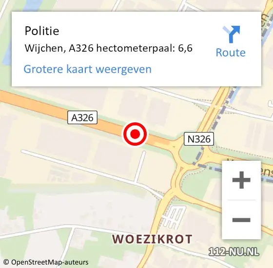 Locatie op kaart van de 112 melding: Politie Wijchen, A326 hectometerpaal: 6,6 op 18 september 2024 06:54