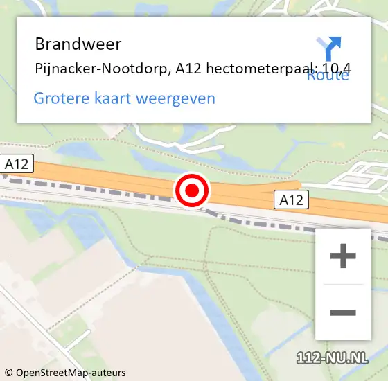 Locatie op kaart van de 112 melding: Brandweer Pijnacker-Nootdorp, A12 hectometerpaal: 10,4 op 18 september 2024 07:51