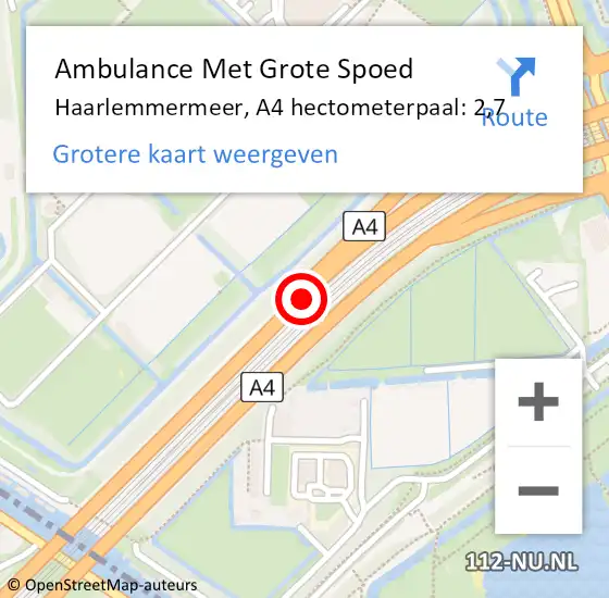 Locatie op kaart van de 112 melding: Ambulance Met Grote Spoed Naar Haarlemmermeer, A4 hectometerpaal: 2,7 op 18 september 2024 08:37