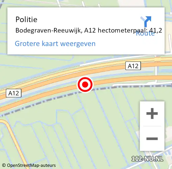 Locatie op kaart van de 112 melding: Politie Bodegraven-Reeuwijk, A12 hectometerpaal: 41,2 op 18 september 2024 08:50