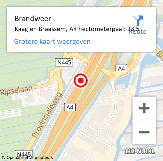 Locatie op kaart van de 112 melding: Brandweer Kaag en Braassem, A4 hectometerpaal: 23,5 op 18 september 2024 09:19