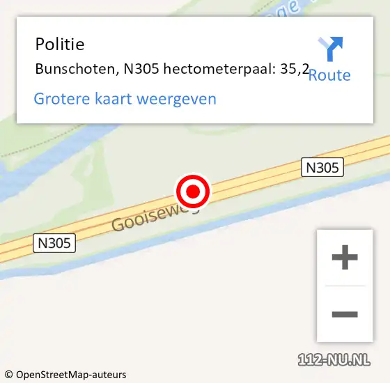 Locatie op kaart van de 112 melding: Politie Bunschoten, N305 hectometerpaal: 35,2 op 18 september 2024 09:32