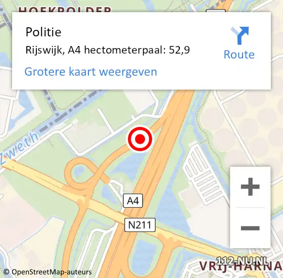 Locatie op kaart van de 112 melding: Politie Rijswijk, A4 hectometerpaal: 52,9 op 18 september 2024 09:33