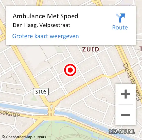 Locatie op kaart van de 112 melding: Ambulance Met Spoed Naar Den Haag, Velpsestraat op 18 september 2024 10:22