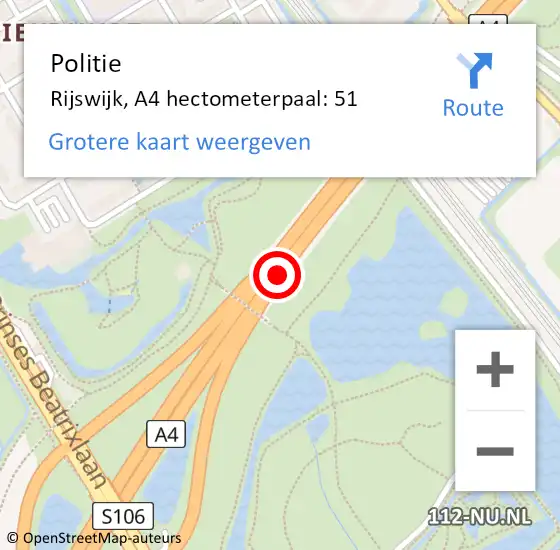 Locatie op kaart van de 112 melding: Politie Rijswijk, A4 hectometerpaal: 51 op 18 september 2024 11:05