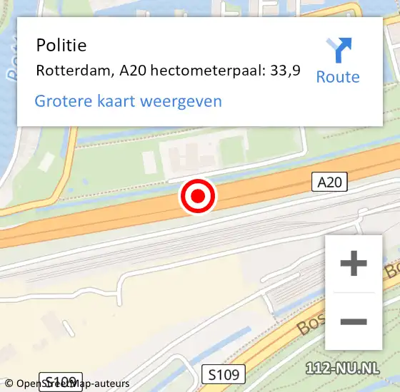 Locatie op kaart van de 112 melding: Politie Rotterdam, A20 hectometerpaal: 33,9 op 18 september 2024 11:50