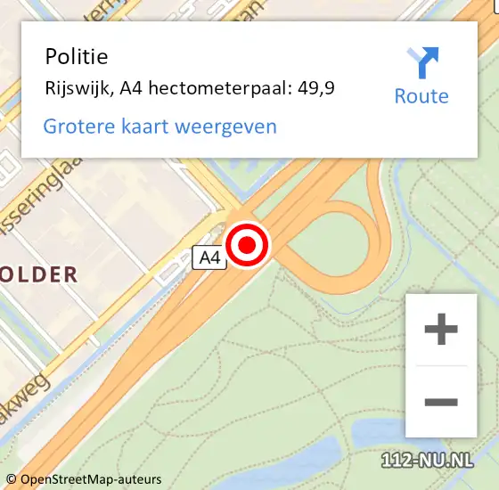 Locatie op kaart van de 112 melding: Politie Rijswijk, A4 hectometerpaal: 49,9 op 18 september 2024 12:39