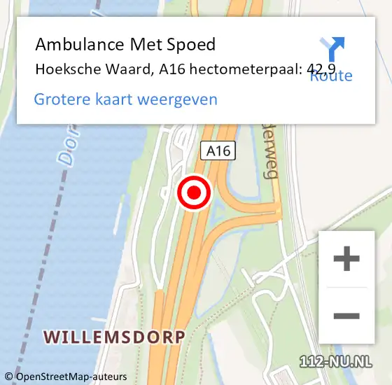 Locatie op kaart van de 112 melding: Ambulance Met Spoed Naar Hoeksche Waard, A16 hectometerpaal: 42,9 op 18 september 2024 13:27