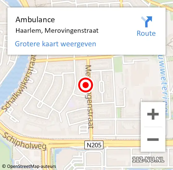 Locatie op kaart van de 112 melding: Ambulance Haarlem, Merovingenstraat op 18 september 2024 13:44