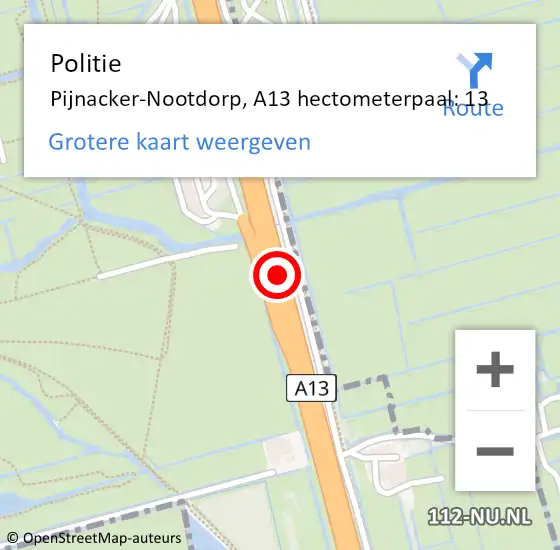 Locatie op kaart van de 112 melding: Politie Pijnacker-Nootdorp, A13 hectometerpaal: 13 op 18 september 2024 13:56