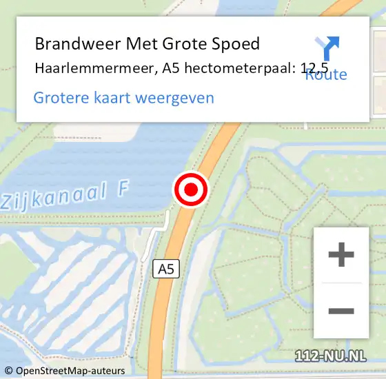 Locatie op kaart van de 112 melding: Brandweer Met Grote Spoed Naar Haarlemmermeer, A5 hectometerpaal: 12,5 op 18 september 2024 14:52