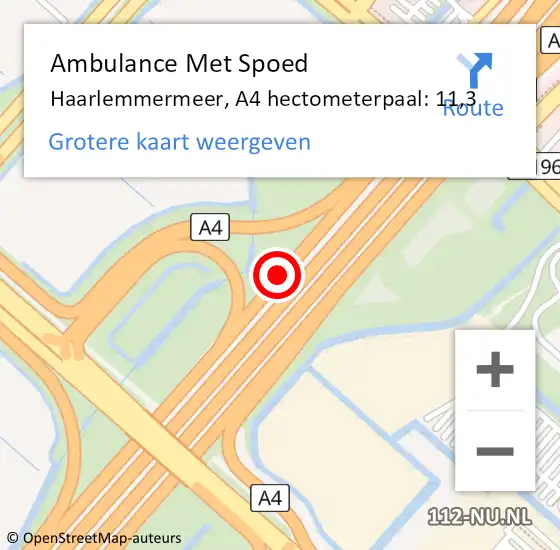 Locatie op kaart van de 112 melding: Ambulance Met Spoed Naar Haarlemmermeer, A4 hectometerpaal: 11,3 op 18 september 2024 15:23