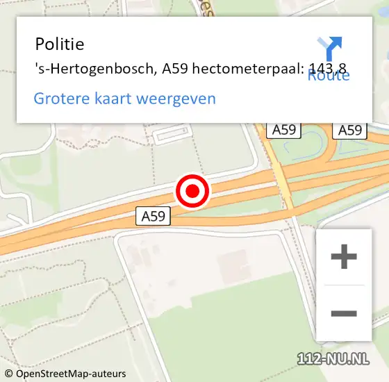 Locatie op kaart van de 112 melding: Politie 's-Hertogenbosch, A59 hectometerpaal: 143,8 op 18 september 2024 15:38