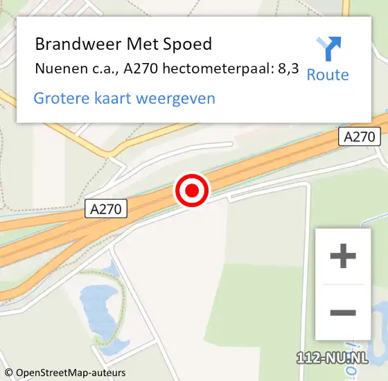 Locatie op kaart van de 112 melding: Brandweer Met Spoed Naar Nuenen c.a., A270 hectometerpaal: 8,3 op 18 september 2024 15:47