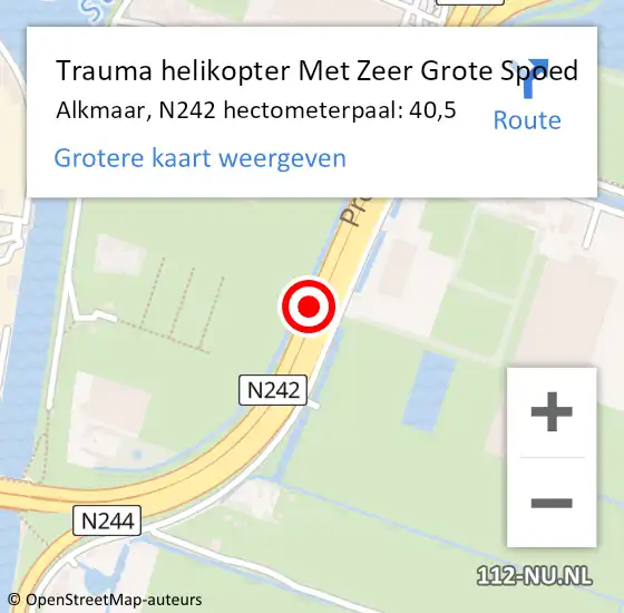 Locatie op kaart van de 112 melding: Trauma helikopter Met Zeer Grote Spoed Naar Alkmaar, N242 hectometerpaal: 40,5 op 18 september 2024 16:43