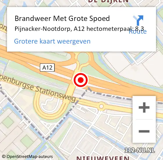 Locatie op kaart van de 112 melding: Brandweer Met Grote Spoed Naar Pijnacker-Nootdorp, A12 hectometerpaal: 8,3 op 18 september 2024 16:47