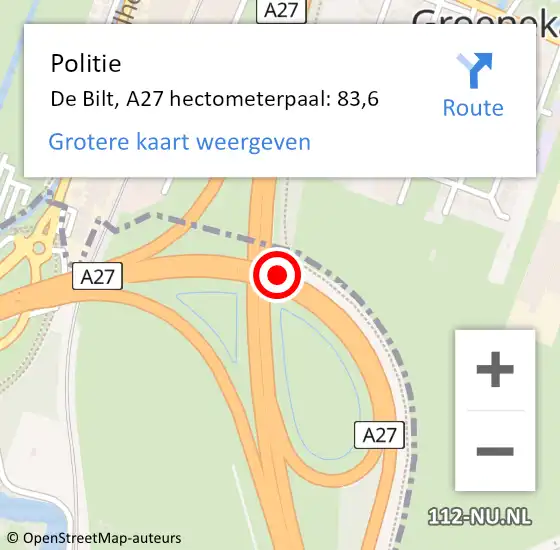 Locatie op kaart van de 112 melding: Politie De Bilt, A27 hectometerpaal: 83,6 op 18 september 2024 16:58