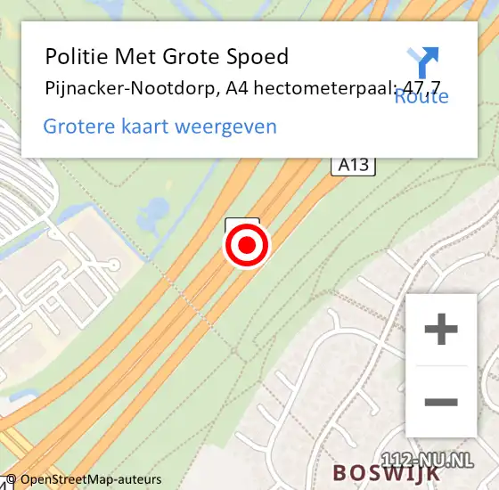 Locatie op kaart van de 112 melding: Politie Met Grote Spoed Naar Pijnacker-Nootdorp, A4 hectometerpaal: 47,7 op 18 september 2024 17:07