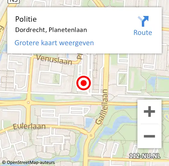 Locatie op kaart van de 112 melding: Politie Dordrecht, Planetenlaan op 18 september 2024 17:09